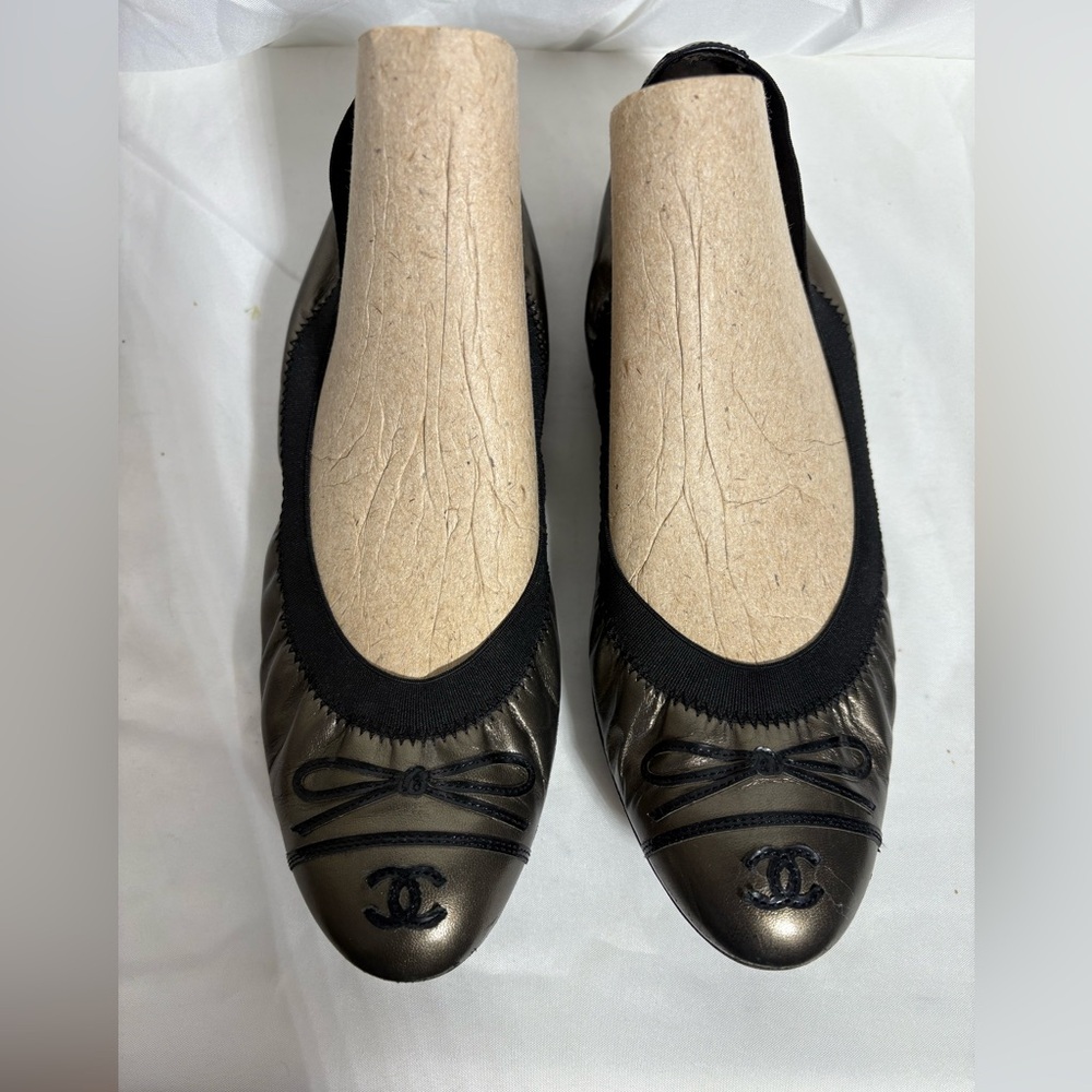 CHANEL CC BOW SCRUNCH BALLET FLATS BRONZE METALLIC LEATHER SIZE 39/9